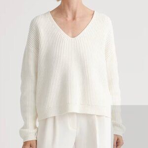 Quince 100% Organic Cotton Fisherman V-Neck Sweater – Ivory, Size M